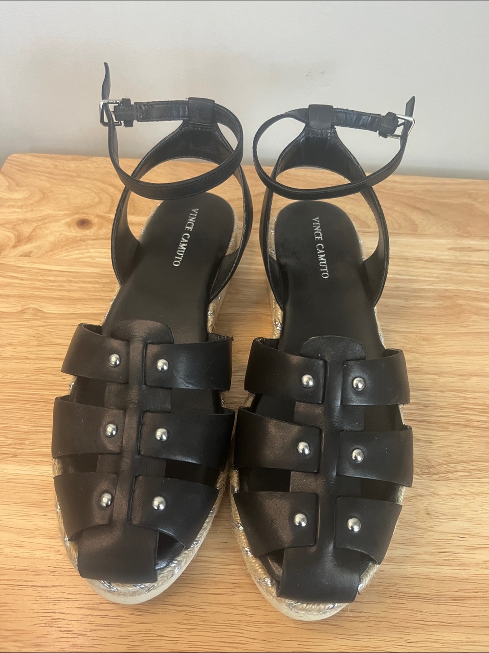 Vince Camuto Black Leather Studded Woven Ankle-Strap Sandals